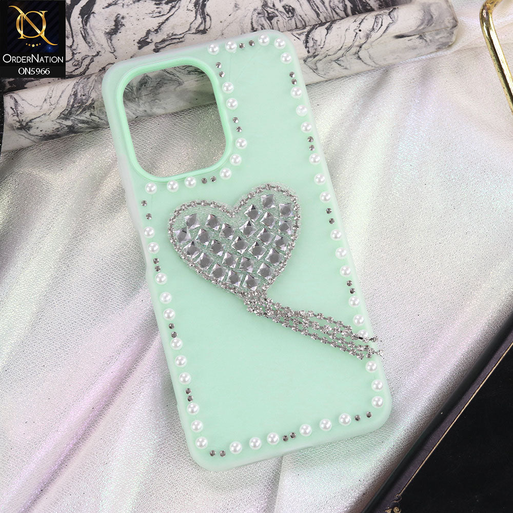 Oppo A6 4G Cover - Sea green -  Stuninng Pearls And Heart Shaped RhineStones Hard Case With Double Protective Layers