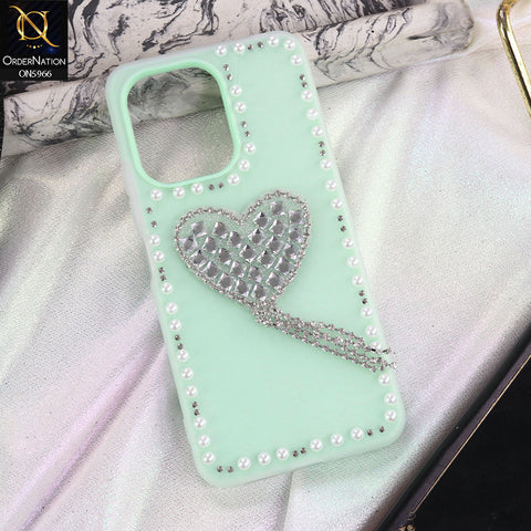 Oppo A6 4G Cover - Sea green -  Stuninng Pearls And Heart Shaped RhineStones Hard Case With Double Protective Layers