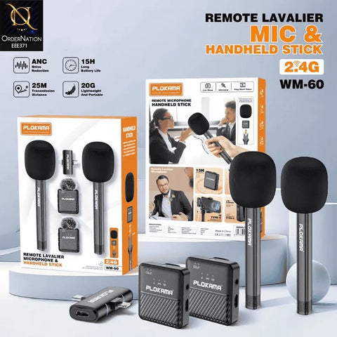 PLOKAMA WM-60 Wireless Mic ANC Noise Cancelling Handheld + Clip-On for iPhone Android Vlogging