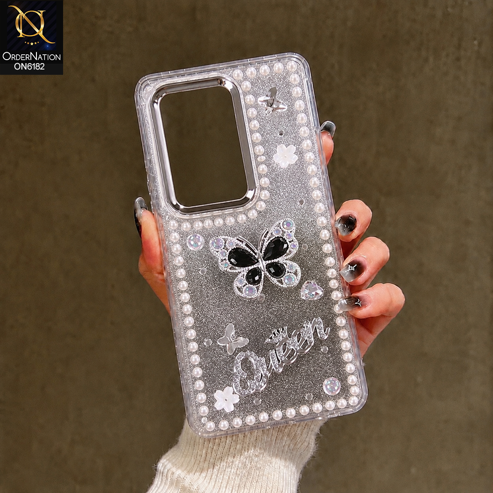 Samsung Galaxy M17 Cover - Black - Shiny Glitter Pearl Border Phone Case with Premium 3D Rhinestone Crown Style Back Cover