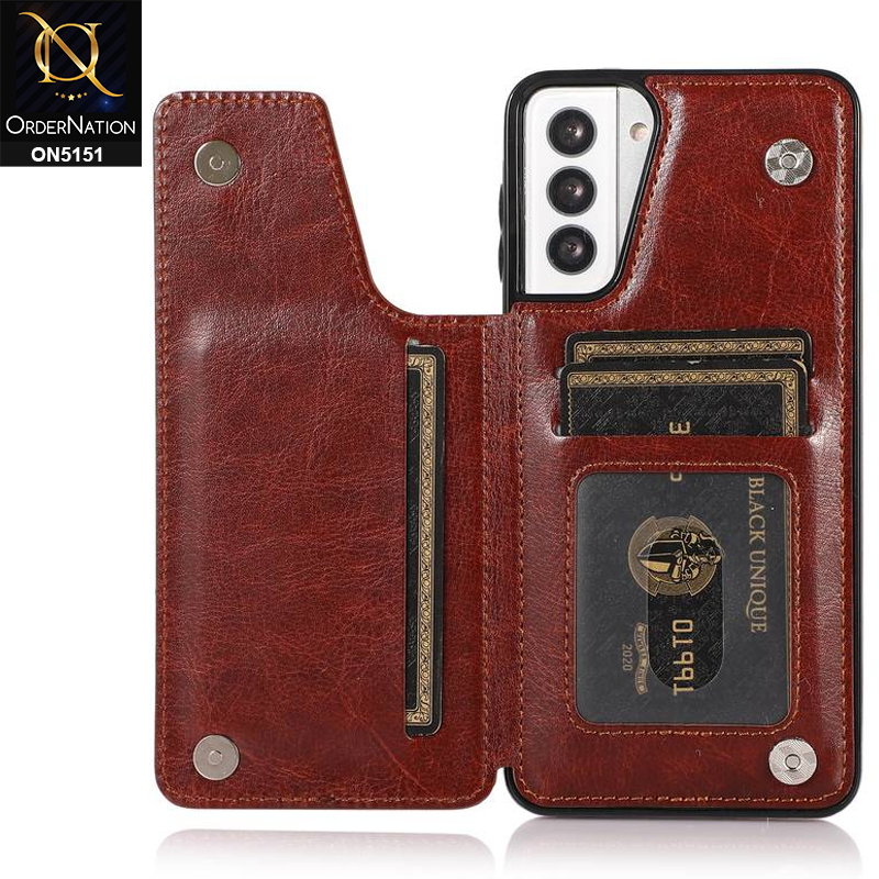 Samsung Galaxy S21 5G Cover - Brown - Luxury PU Leather Card Holder Wallet Soft Case