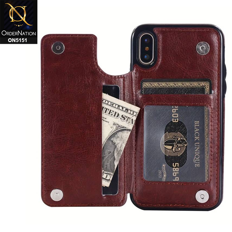 iPhone XS / X Cover - Brown - Luxury PU Leather Card Holder Wallet Soft Case