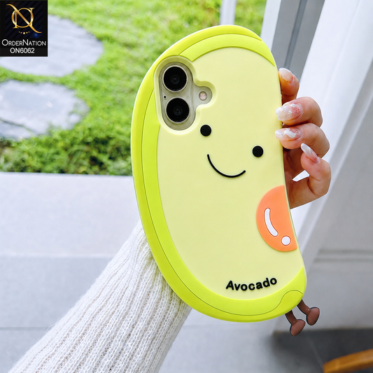 iPhone 16 Cover - Yellow - 3D Cute Avocado Silicone Phone Case - Smiley Face Soft Cover