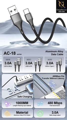 ASPOR AC-18 3A Fast Charging Cable | Braided USB-A to USB-C Cable⁠