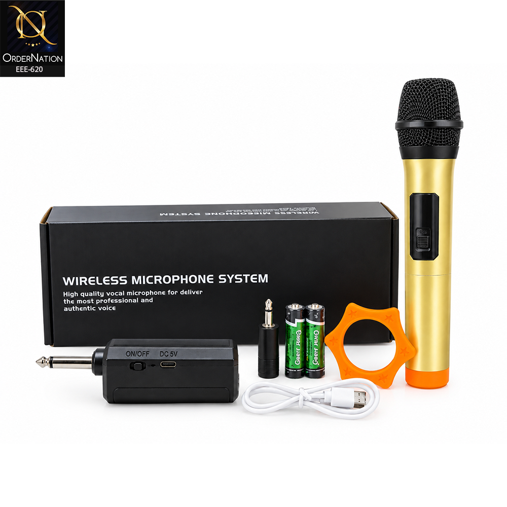 LT105 UHF Wireless Handheld Microphone – Gold Edition, 50M Range, Rechargeable Receiver, 6.35mm Jack for Speakers, Karaoke & Events