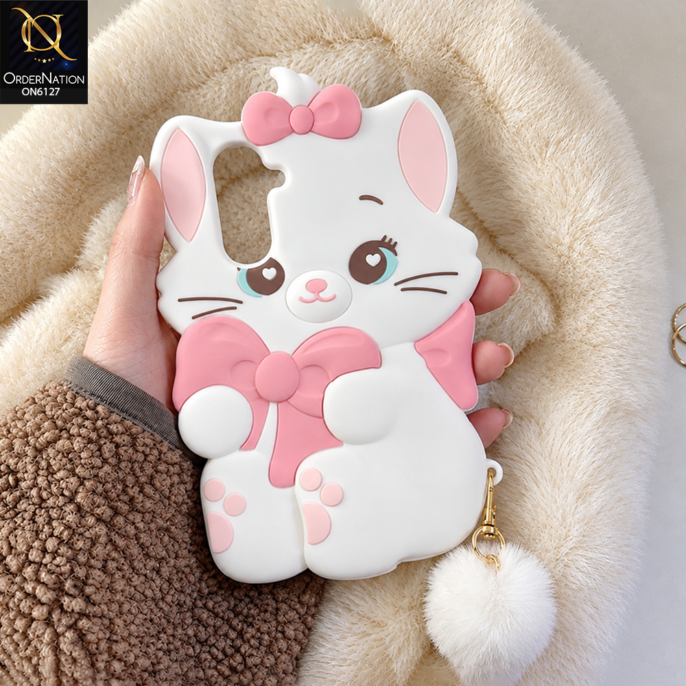 Samsung Galaxy A17 Cover - White - Premium 3D Cartoon Character Soft Silicone Mobile Cover with Cute Pink Bow & Pom Pom Tail