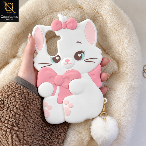 Samsung Galaxy A26 Cover - White - Premium 3D Cartoon Character Soft Silicone Mobile Cover with Cute Pink Bow & Pom Pom Tail