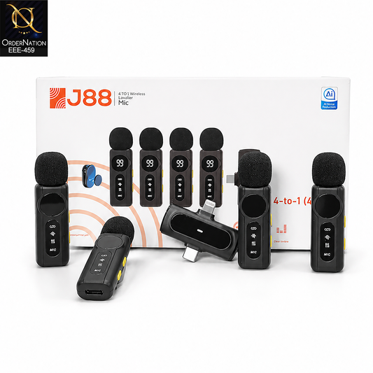J88 4-in-1 Wireless Lavalier Microphone with Digital Display & Noise Reduction
