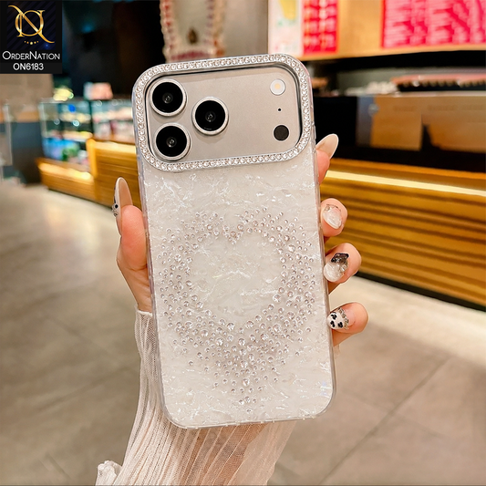iPhone 17 Pro Max Cover - White - Luxury Rhinestone Heart Marble Glitter Protective Phone Case for iPhone