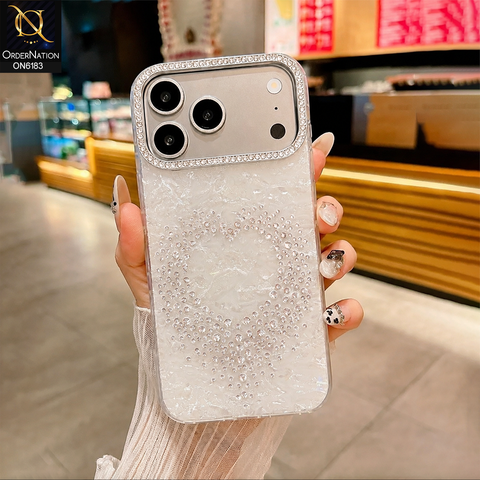 iPhone 17 Pro Max Cover - White - Luxury Rhinestone Heart Marble Glitter Protective Phone Case for iPhone