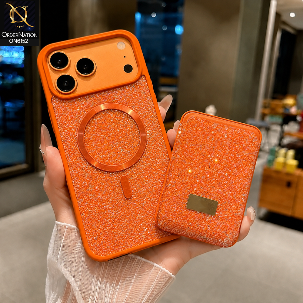 iPhone 17 Pro Max Cover - Orange - Luxury Crystal MagSafe Phone Case & Card Holder Set