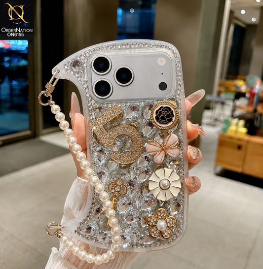 iPhone 17 Pro Max Cover - Silver - Luxury Crystal Pearl Hand Chain Phone Case with Premium Rhinestone Design
