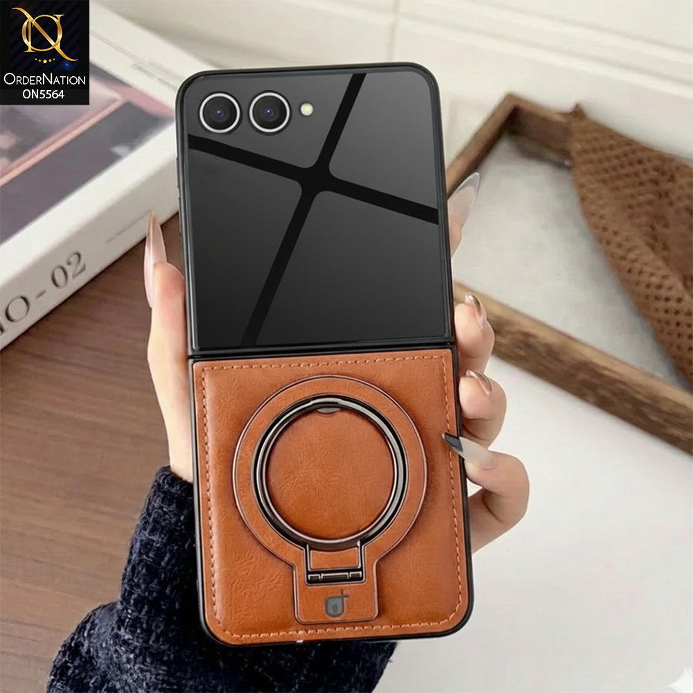 Samsung Galaxy Z Flip 7 Cover - Brown - New Rimbmax High Quality Leather Case With Metal Camera Ring And KickStand