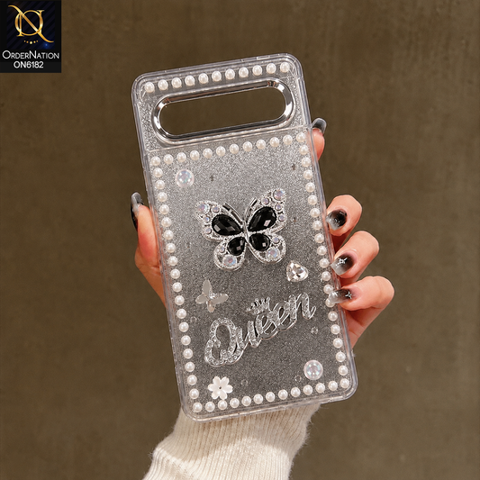 Google Pixel 6 Cover - Black - Shiny Glitter Pearl Border Phone Case with Premium 3D Rhinestone Crown Style Back Cover