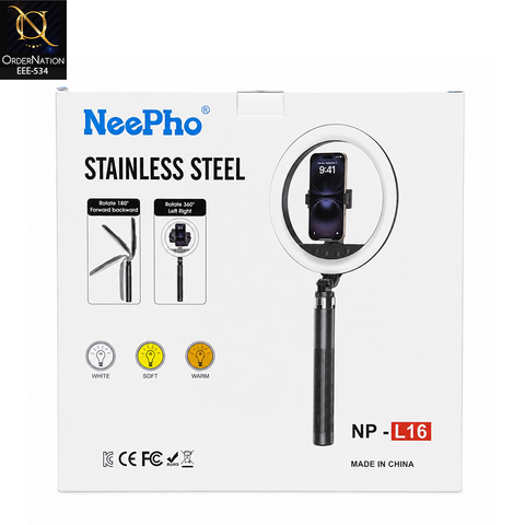 NeePho NP-L16 Model B Stainless Steel Ring Light with Selfie Stick & Mobile Holder for Vlogging & Live Streaming (Without Tripod)