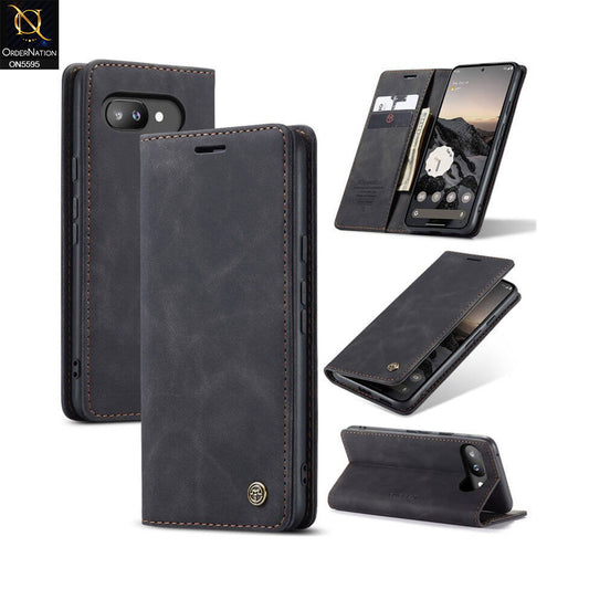 Google Pixel 9a Cover - Black -  CaseMe Premium High Quality Wallet Magnetic Suede Leather Case
