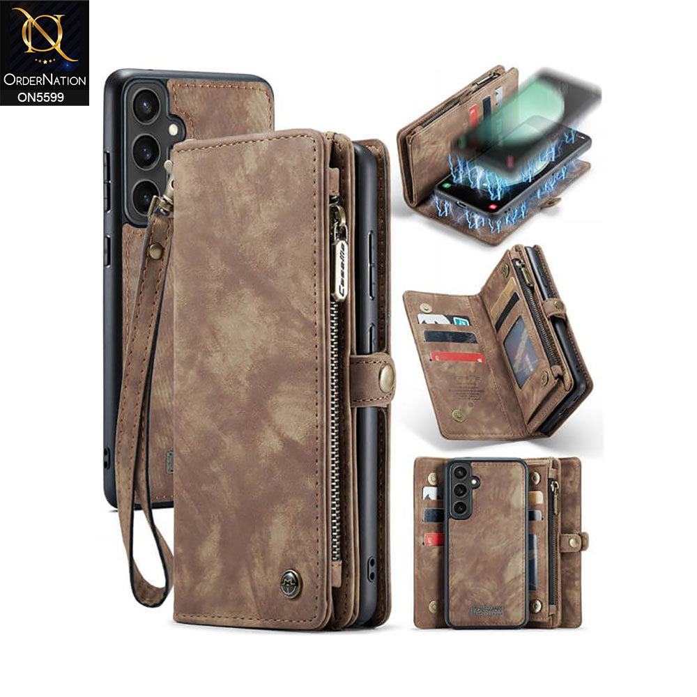 Samsung Galaxy S24 FE Cover - Brown -  New Premium CaseMe  Detachable Folio Zipper Purse Leather Wallet Case with 8 Card Slots