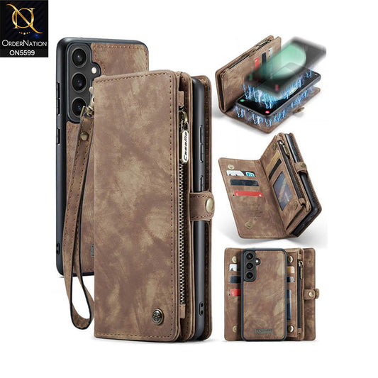Samsung Galaxy S24 FE Cover - Brown -  New Premium CaseMe  Detachable Folio Zipper Purse Leather Wallet Case with 8 Card Slots