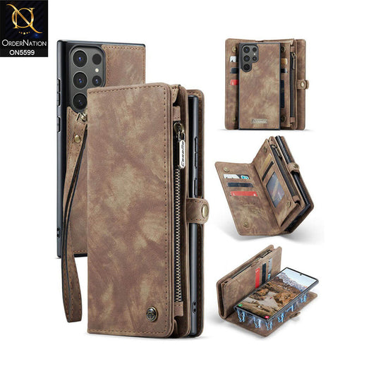Samsung Galaxy S24 Ultra Cover - Brown -  New Premium CaseMe  Detachable Folio Zipper Purse Leather Wallet Case with 8 Card Slots