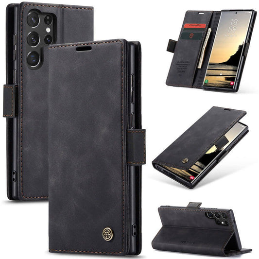 Samsung Galaxy S24 Ultra Cover - Black -  CaseMe Premium High Quality Wallet Magnetic Suede Leather Case