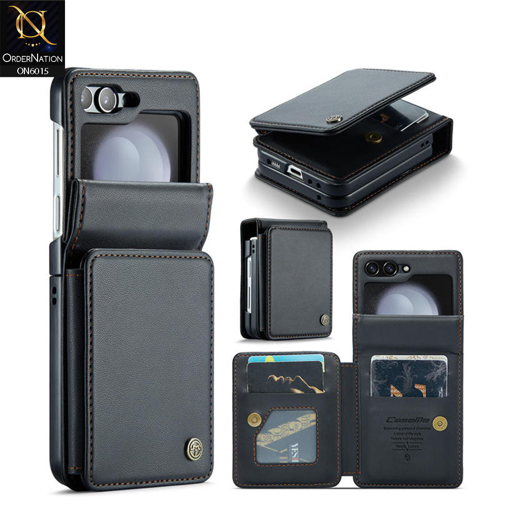 Samsung Galaxy Z Flip 5 5G Cover - Black - CaseMe Premium Leather RFID Blocking Card Holder Case