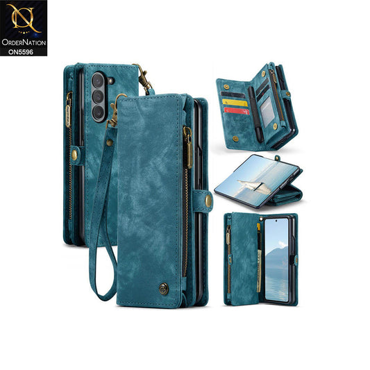 Samsung Galaxy Z Fold 6 5G Cover - Blue -  CaseMe Premium Vintage Leather Folio Zipper Wallet Case with Magnetic Closure and 7 Card Slots