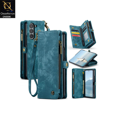 Samsung Galaxy Z Fold 6 5G Cover - Blue -  CaseMe Premium Vintage Leather Folio Zipper Wallet Case with Magnetic Closure and 7 Card Slots