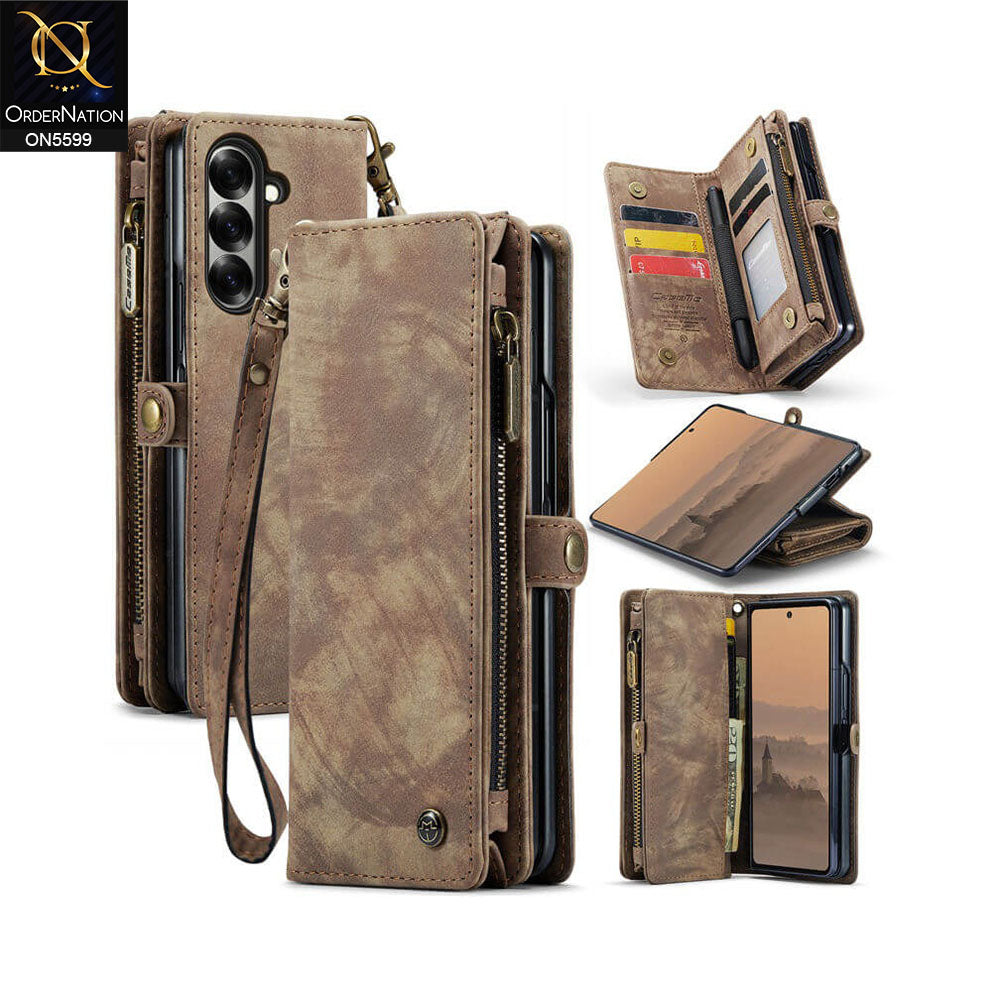 Samsung Galaxy Z Fold 7 Cover - Brown -  New Premium CaseMe  Detachable Folio Zipper Purse Leather Wallet Case with 8 Card Slots