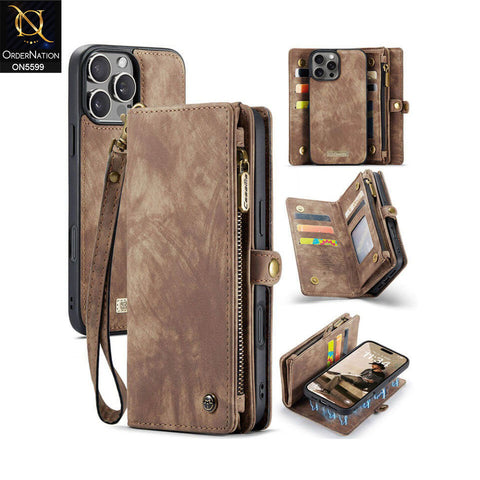 iPhone 16 Pro Max Cover - Brown -  New Premium CaseMe  Detachable Folio Zipper Purse Leather Wallet Case with 8 Card Slots