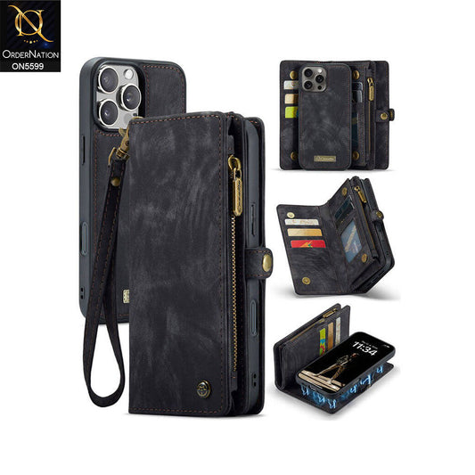 iPhone 15 Pro Max Cover - Black -  New Premium CaseMe  Detachable Folio Zipper Purse Leather Wallet Case with 8 Card Slots
