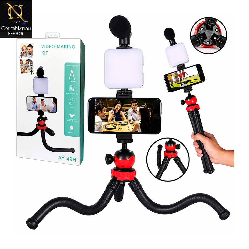 AY-49H Video Making Kit Model B – Mobile Vlogging Kit with Tripod, LED Light & Microphone for YouTube, TikTok & Live Streaming