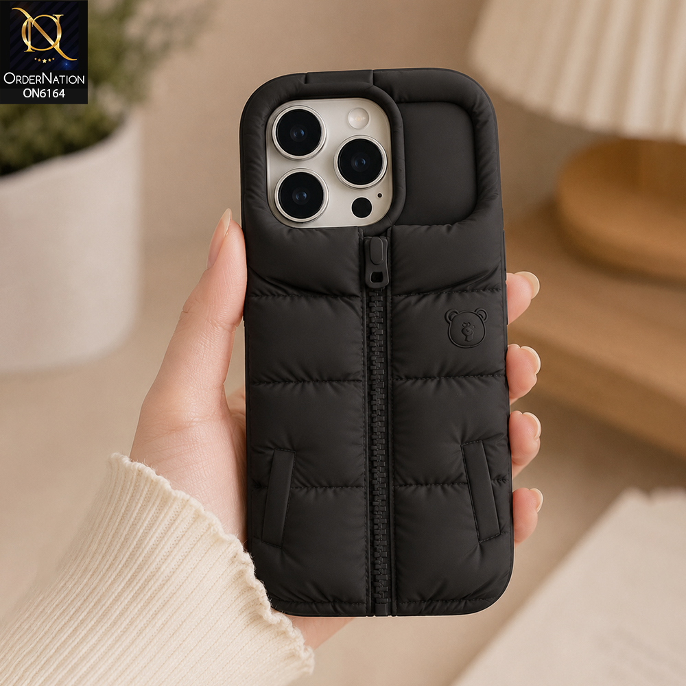 iPhone 16 Pro Max Cover - Black - 3D Zipper Puffer Jacket Phone Case – Cute Soft Silicone Cover