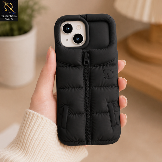 iPhone 15 Cover - Black - 3D Zipper Puffer Jacket Phone Case – Cute Soft Silicone Cover