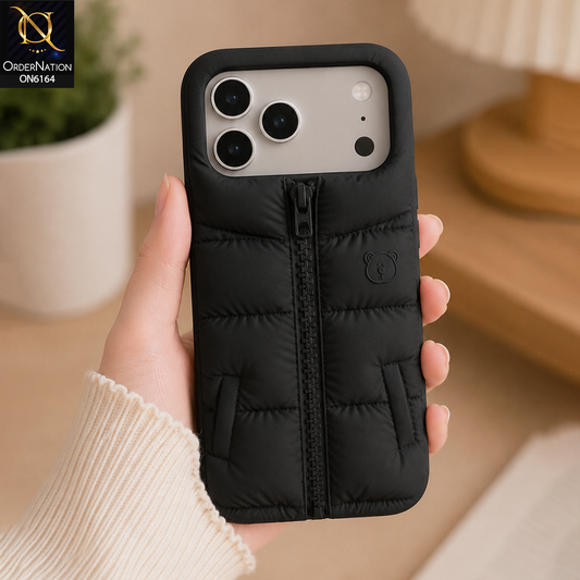 iPhone 17 Pro Max Cover - Black - 3D Zipper Puffer Jacket Phone Case – Cute Soft Silicone Cover