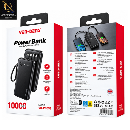 VEN-DENS VD-PB058 10000mAh Power Bank with Built-in Type-C, Lightning & Micro USB Cables – Digital Display & LED Light