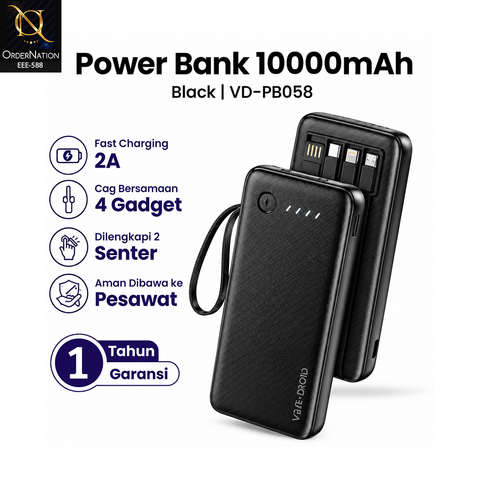 VEN-DENS VD-PB058 10000mAh Power Bank with Built-in Type-C, Lightning & Micro USB Cables – Digital Display & LED Light