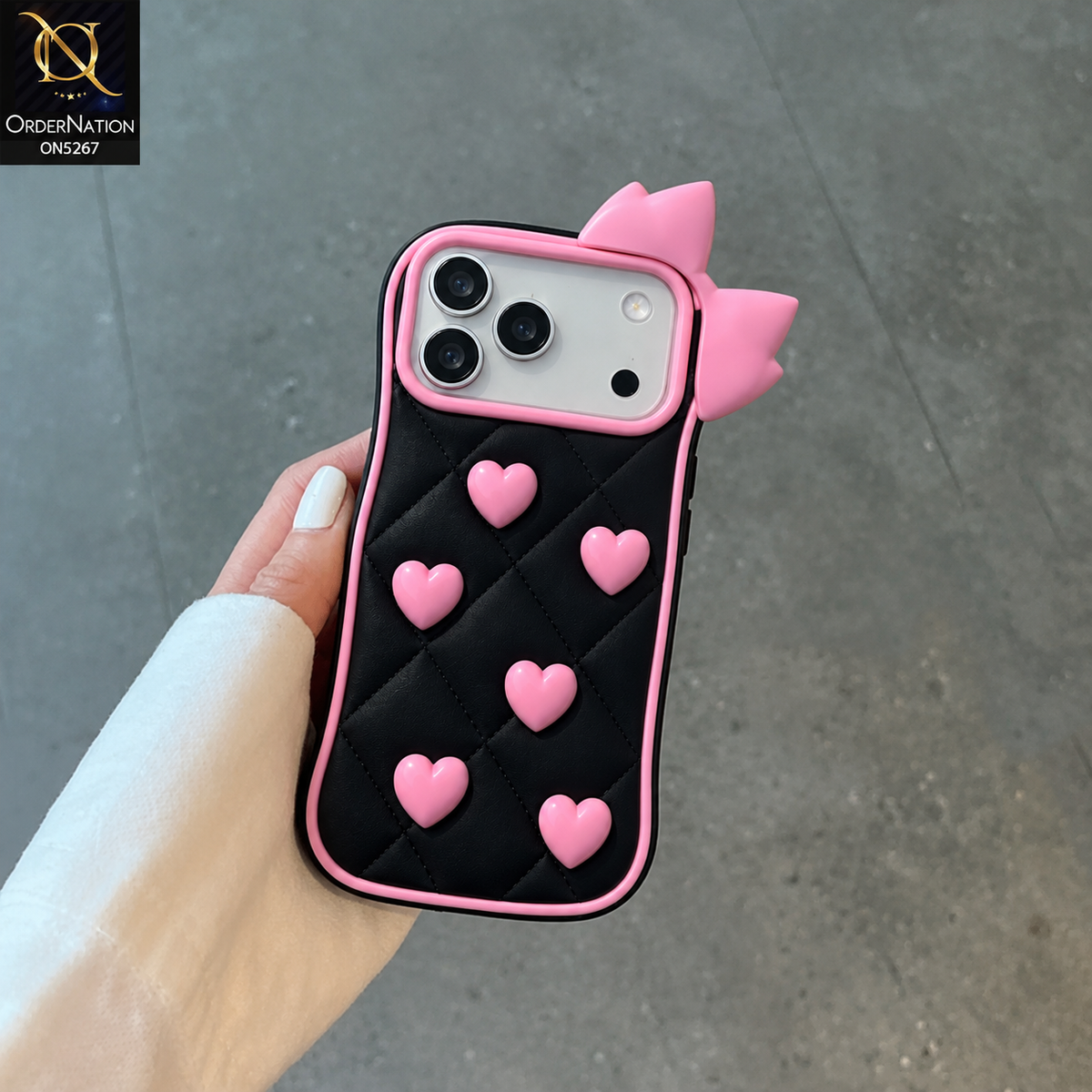 iPhone 17 Pro Cover - Black - 3D Pink Heart with Bow-Knot Design Soft Protective Case