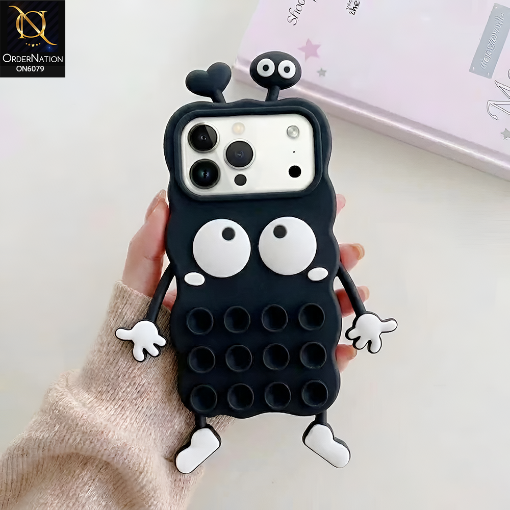 iPhone 17 Pro Max Cover - Black - Cute 3D Cartoon Monster Silicone Protective Phone Cover with Suction Cups