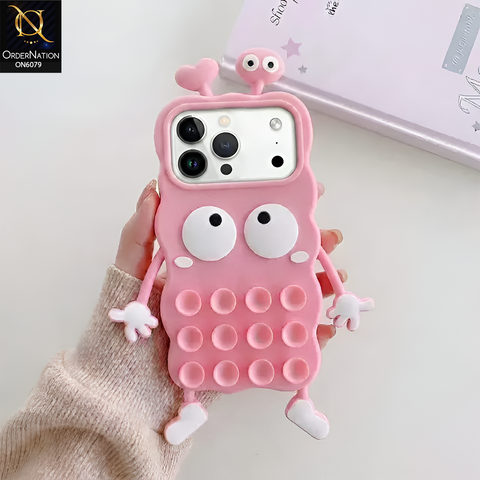 iPhone 17 Pro Max Cover - Pink - Cute 3D Cartoon Monster Silicone Protective Phone Cover with Suction Cups
