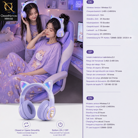 AKZ 51 Wireless Cat Ear Headphones with Bluetooth 5.3, 18H Playtime, 10M Range & TF Card Support
