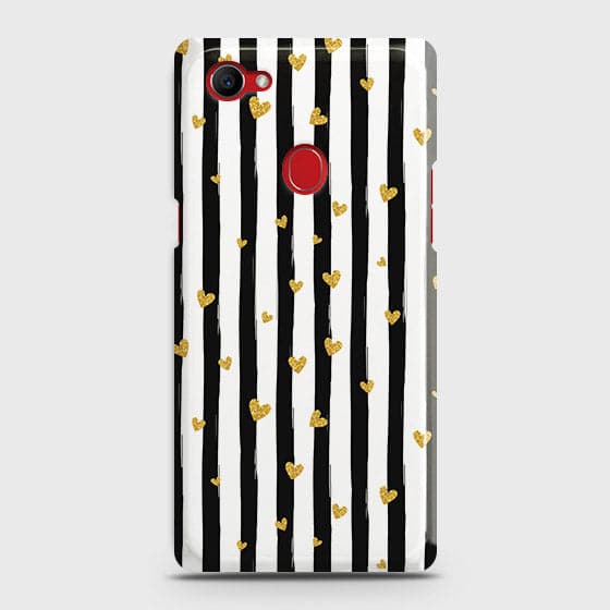 Oppo F7 Youth / Realme 1 Cover - Trendy Black & White Lining With Golden Hearts Printed Hard Case with Life Time Colors Guarantee(1b28) ( Fast Delivery )