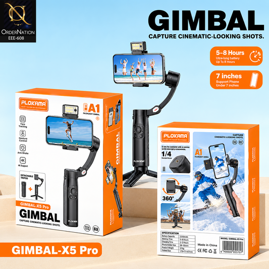 PLOKAMA Gimbal-X5 Pro 3-Axis Phone Gimbal with Face Tracking, Gesture Control, 4K Support & 2200mAh Battery