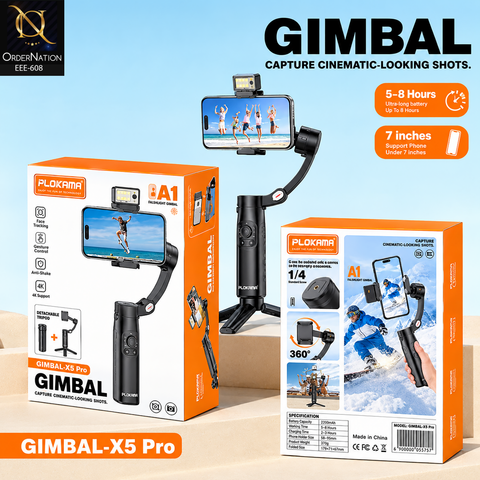 PLOKAMA Gimbal-X5 Pro 3-Axis Phone Gimbal with Face Tracking, Gesture Control, 4K Support & 2200mAh Battery