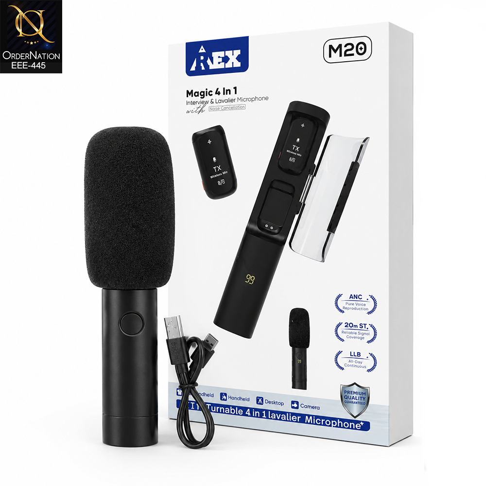 Rex M20 Magic 4-in-1 Wireless Lavalier Microphone with AI Noise Cancellation