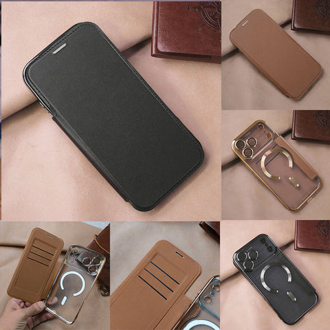 iPhone 17 Pro Max Cover - Brown -  New Luxurious High Quality Clear And Leather Flip Book With MagSafe And Camera Protecttion