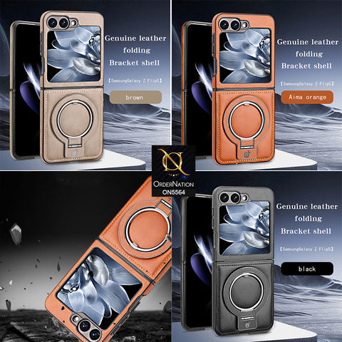 Samsung Galaxy Z Flip 6 Cover - Brown - New Rimbmax High Quality Leather Case With Metal Camera Ring And KickStand