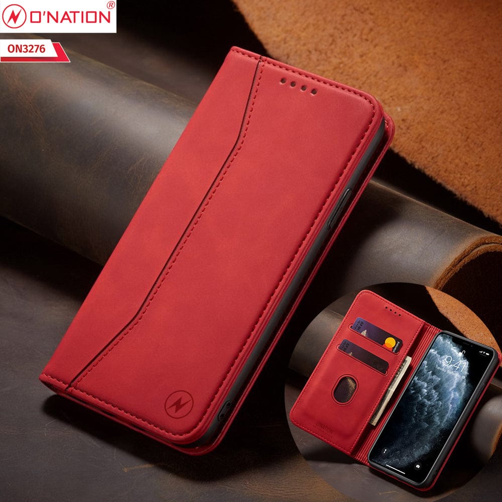 Samsung Galaxy A22 Cover - Red - ONation Business Flip Series - Premium Magnetic Leather Wallet Flip book Card Slots Soft Case