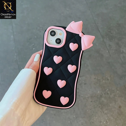 iPhone 15 Cover - Black - 3D Pink Heart with Bow-Knot Design Soft Protective Case