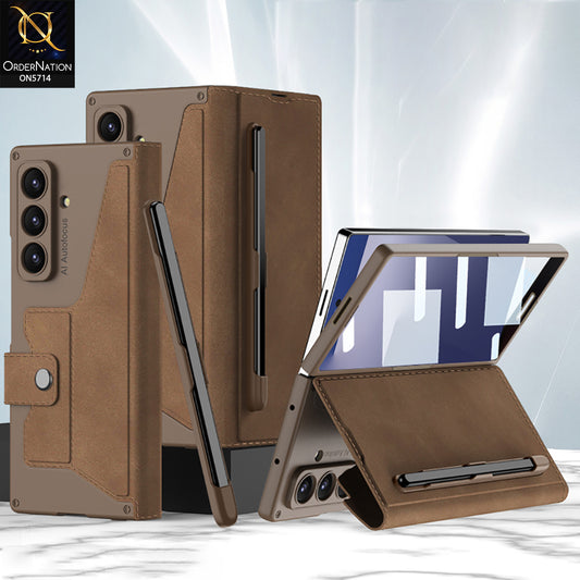 Samsung Galaxy Z Fold 7 Cover - Brown- New Premium Quality Luxury  Flip Card Slot Leapther Phone Case Magnetic Snap Fastener Bracket Shockproof Protective Cover