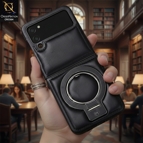 Samsung Galaxy Z Flip 3 5G Cover - Black - New Rimbmax High Quality Leather Case With Metal Camera Ring And KickStand